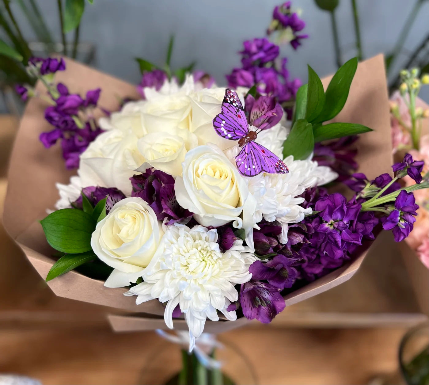 Wrapped Seasonal Mixed Flower Bouquet